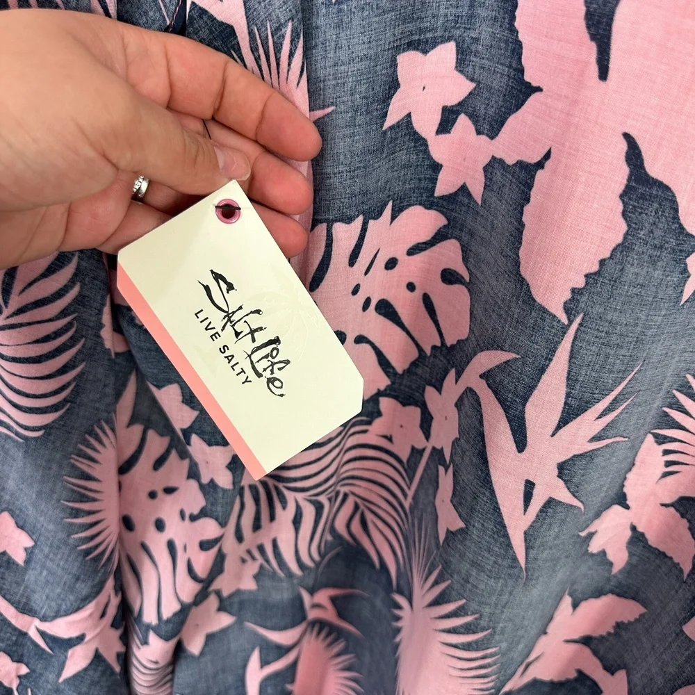 Salt Life Kimono Cover Up Womens OSFM Pink Navy Tropical Floral Tassel‎ Beach